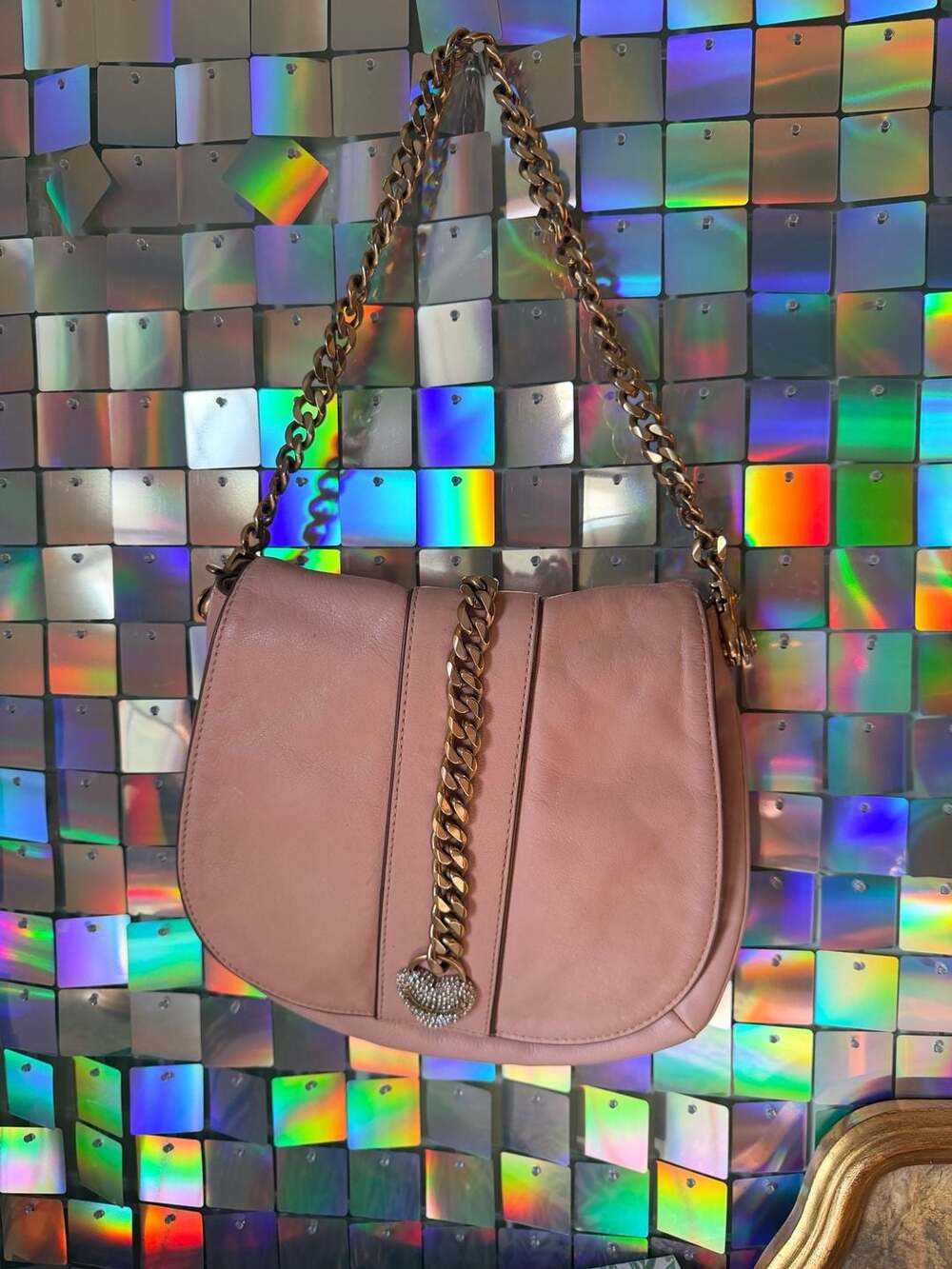 Juicy Couture Vintage Y2K Pink Leather Shoulder Bag with Rhinestone Heart and Go
